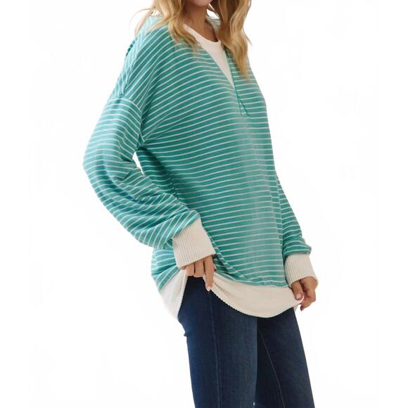 NEW 7TH RAY striped drop shoulder pullover in teal - Picture 3 of 5